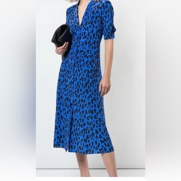 Diane Von Fustenberg Lily Cinch Sleeve Midi Dress in Blue Leopard Print Size 0 - Picture 3 of 5